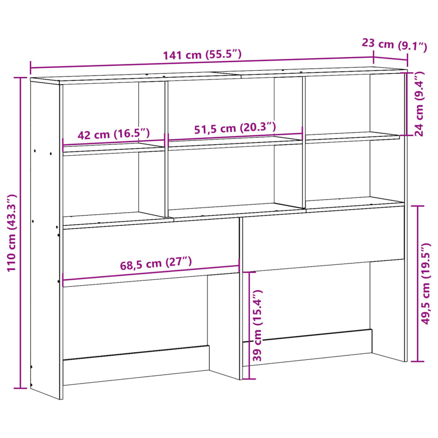 Hoofdbord met opbergruimte 135 cm massief grenenhout wasbruin