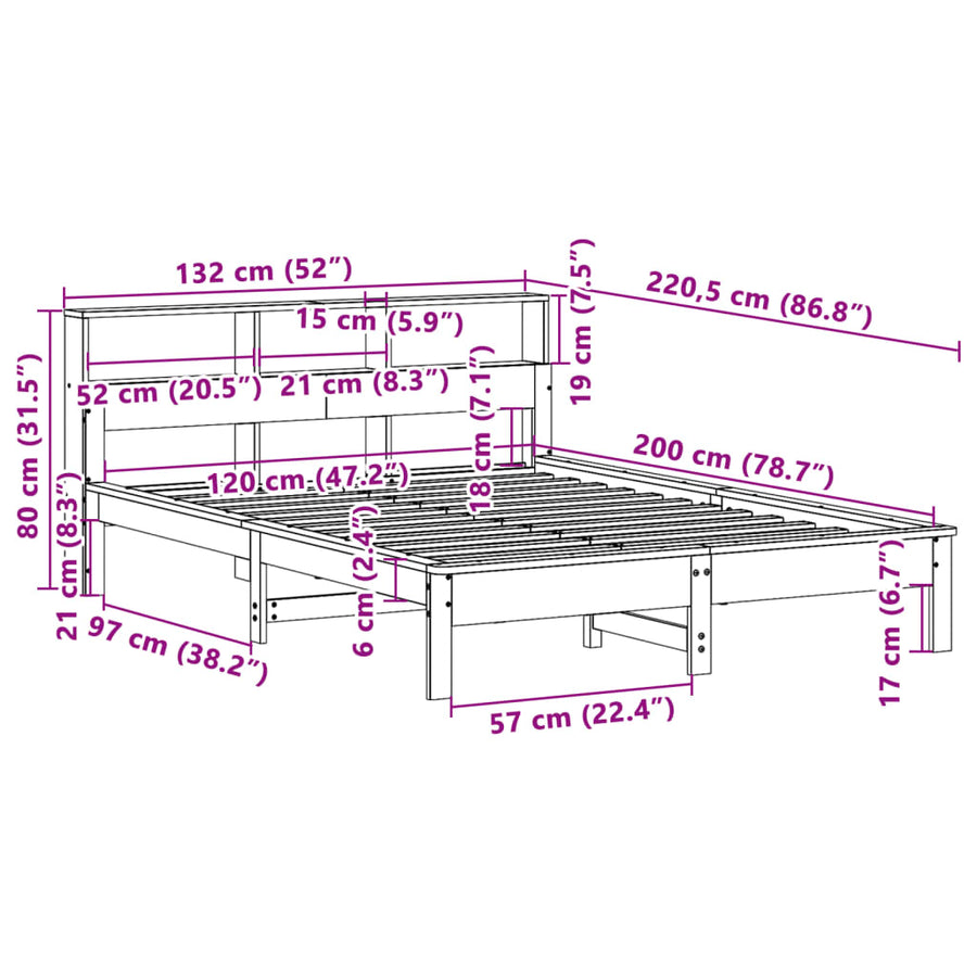 Bed met boekenkast zonder matras grenenhout wasbruin 120x200 cm