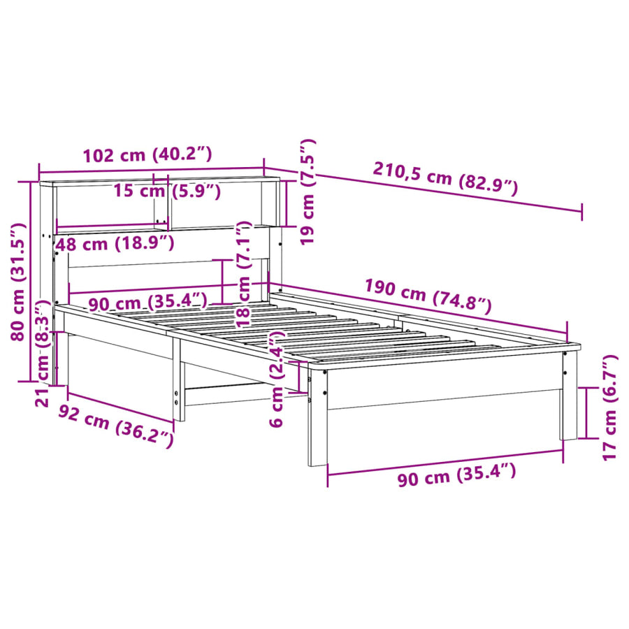 Bed met boekenkast zonder matras grenenhout wit 90x190 cm