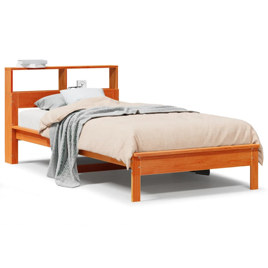 Bed met boekenkast zonder matras grenenhout wasbruin 90x190 cm