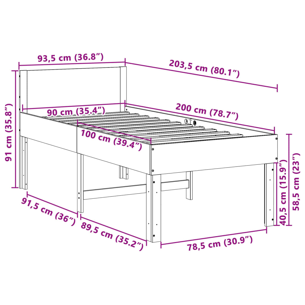 Bedframe zonder matras massief grenenhout wit 90x200 cm