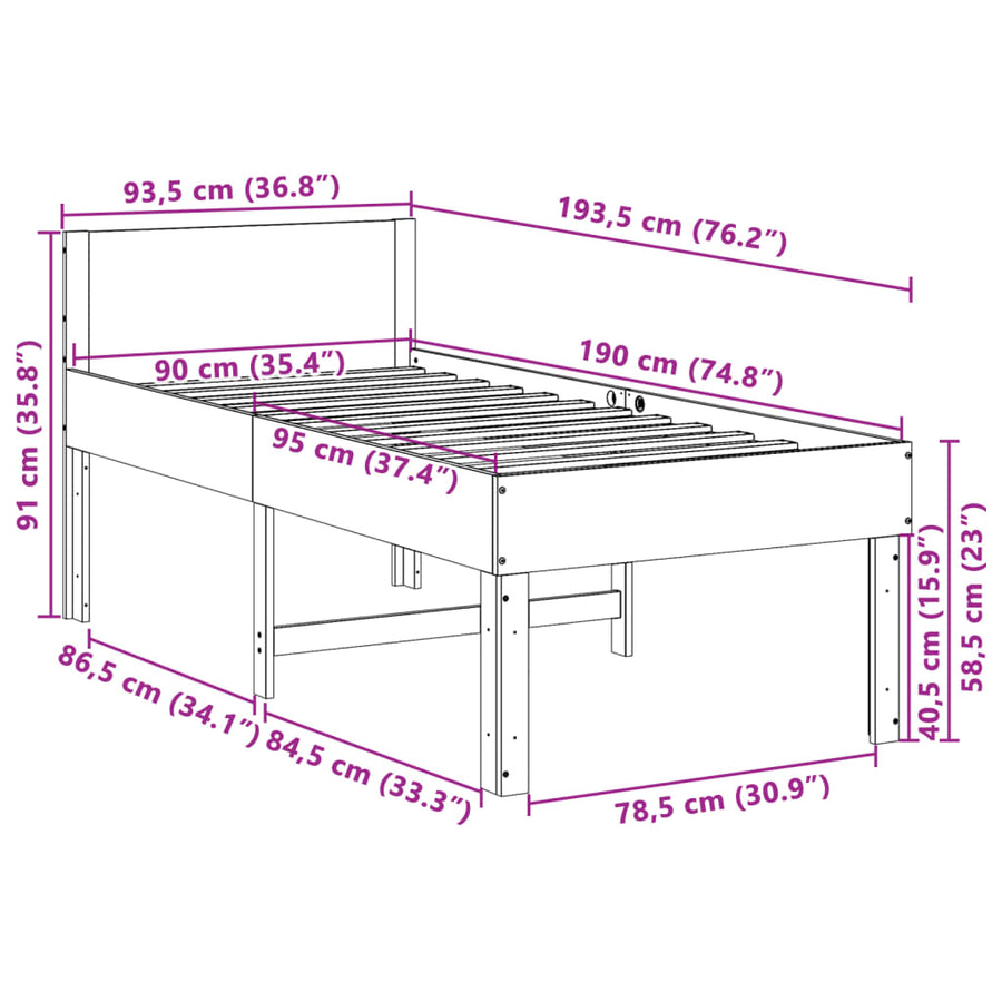 Bedframe zonder matras massief grenenhout wit 90x190 cm