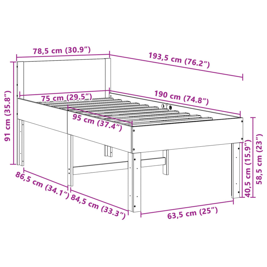 Bedframe zonder matras massief grenenhout wit 75x190 cm
