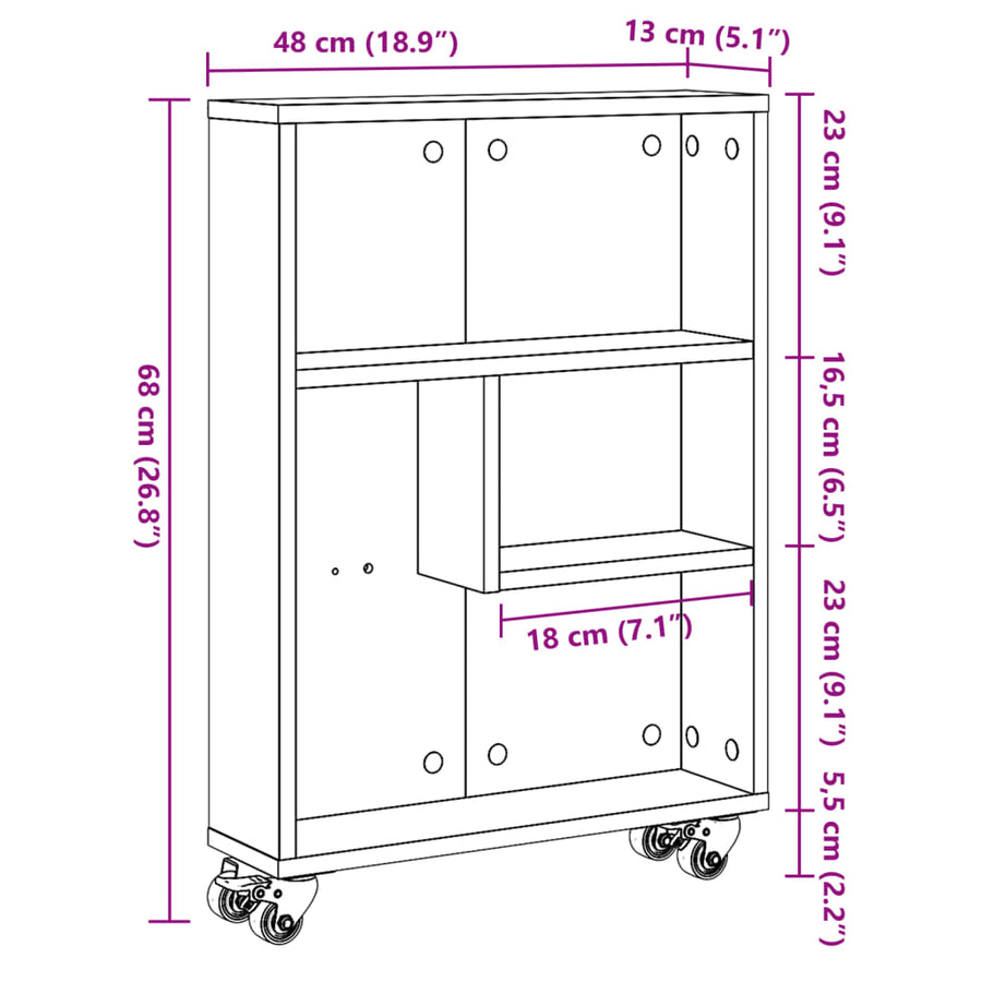 Opbergtrolley smal 48x13x68 cm bewerkt hout sonoma eikenkleurig