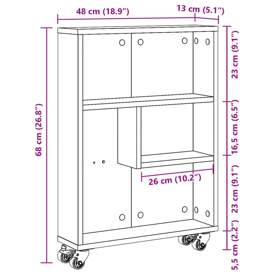 Opbergtrolley smal 48x13x68 cm bewerkt hout betongrijs