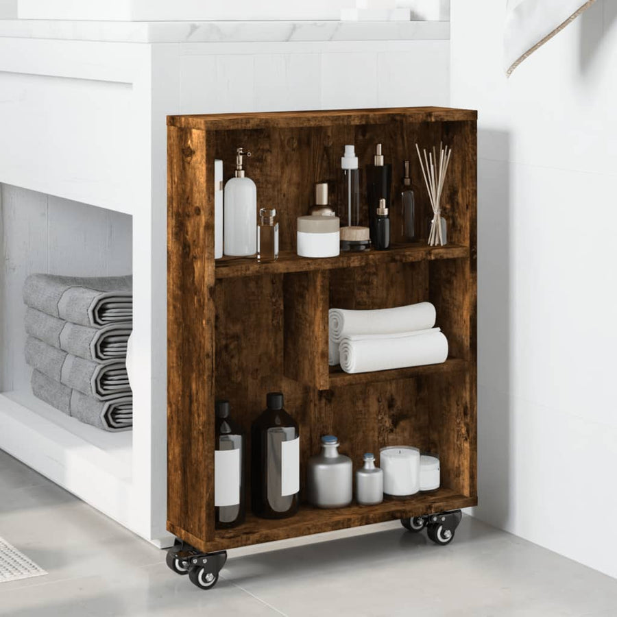 Opbergtrolley smal 48x13x68 cm bewerkt hout gerookt eikenkleur