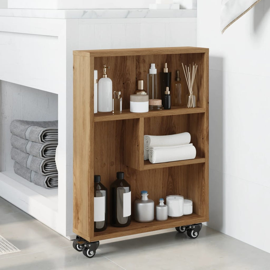 Opbergtrolley smal 48x13x68 cm bewerkt hout artisanaal eiken