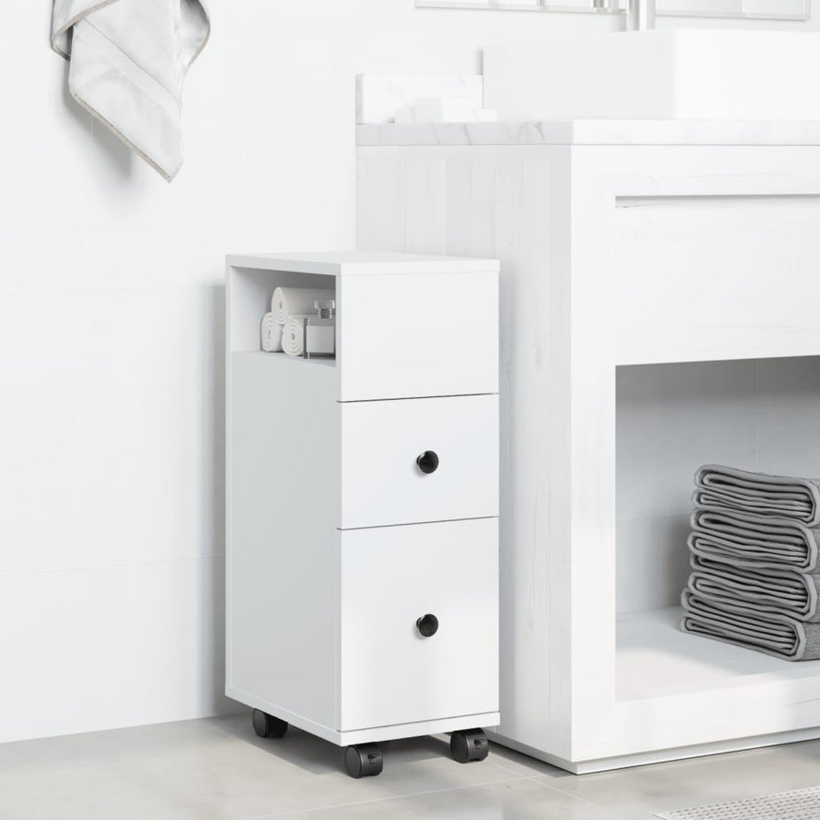 Badkamerkast smal met wielen bewerkt hout wit