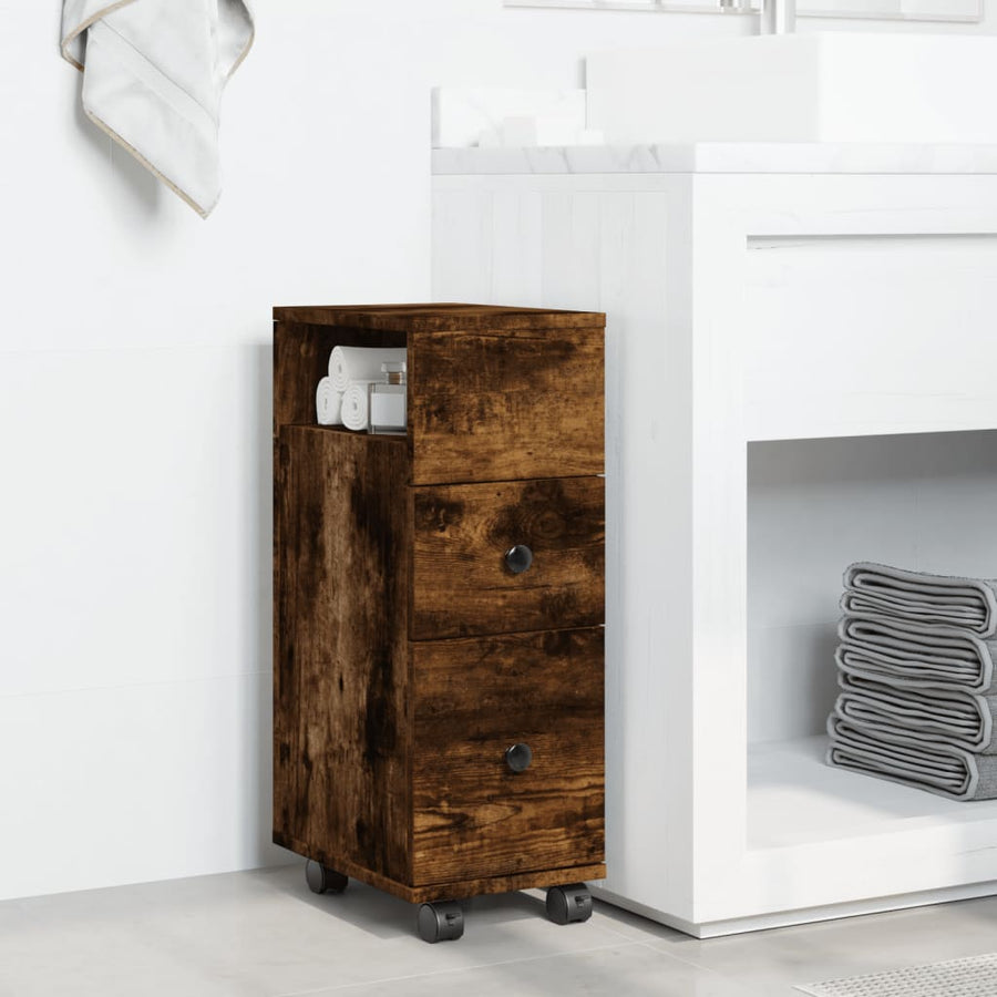 Badkamerkast smal met wielen bewerkt hout gerookt eikenkleurig