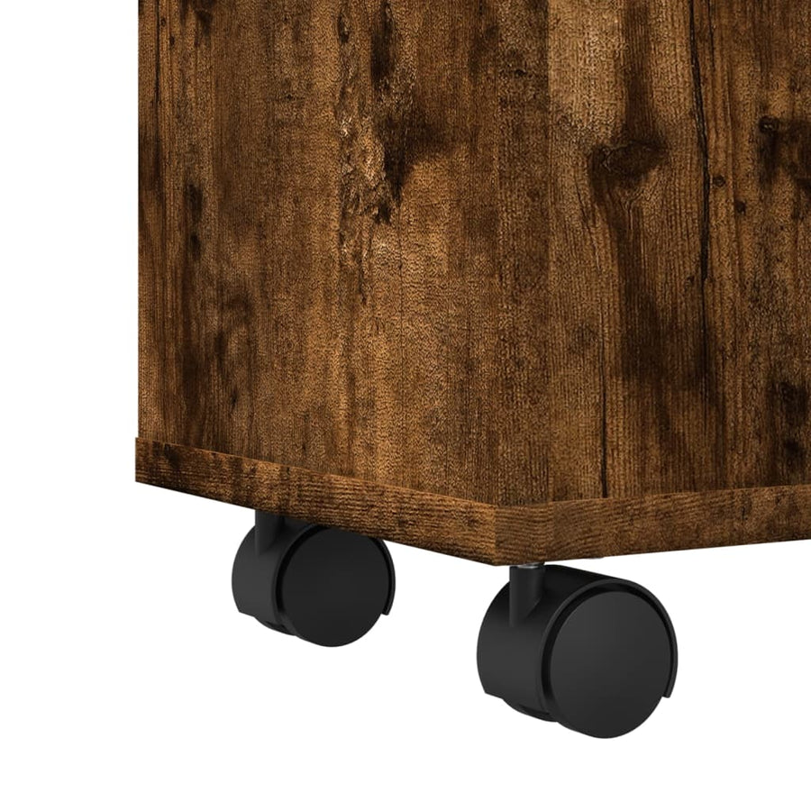 Badkamerkast smal met wielen bewerkt hout gerookt eikenkleurig