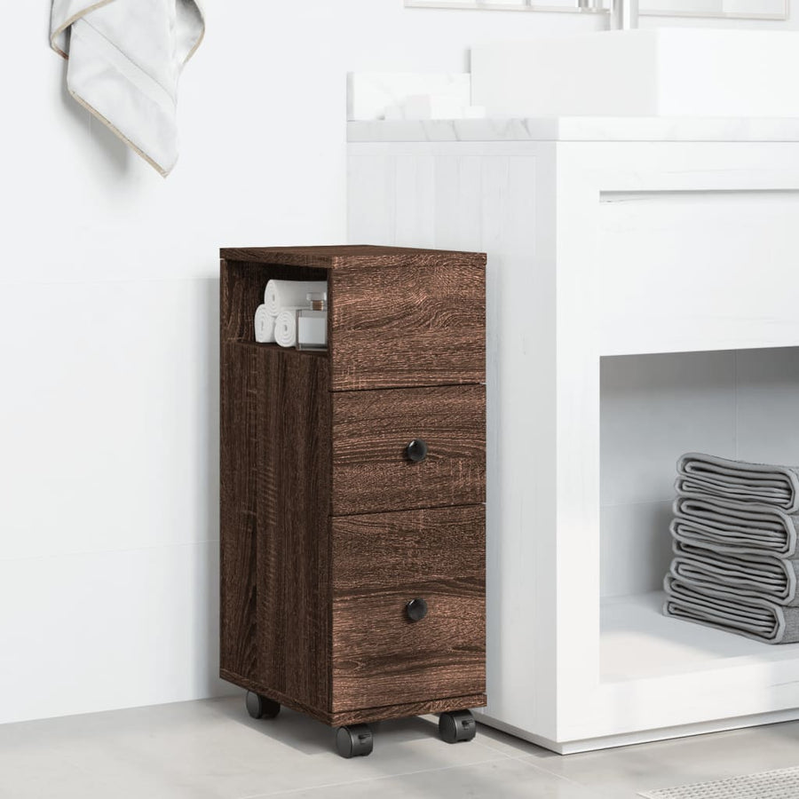 Badkamerkast smal met wielen bewerkt hout bruin eikenkleurig