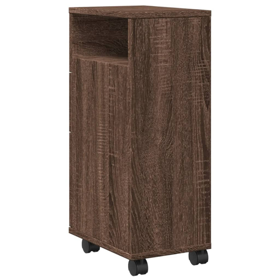 Badkamerkast smal met wielen bewerkt hout bruin eikenkleurig