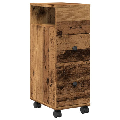 Badkamerkast smal met wielen bewerkt hout oud houtkleurig
