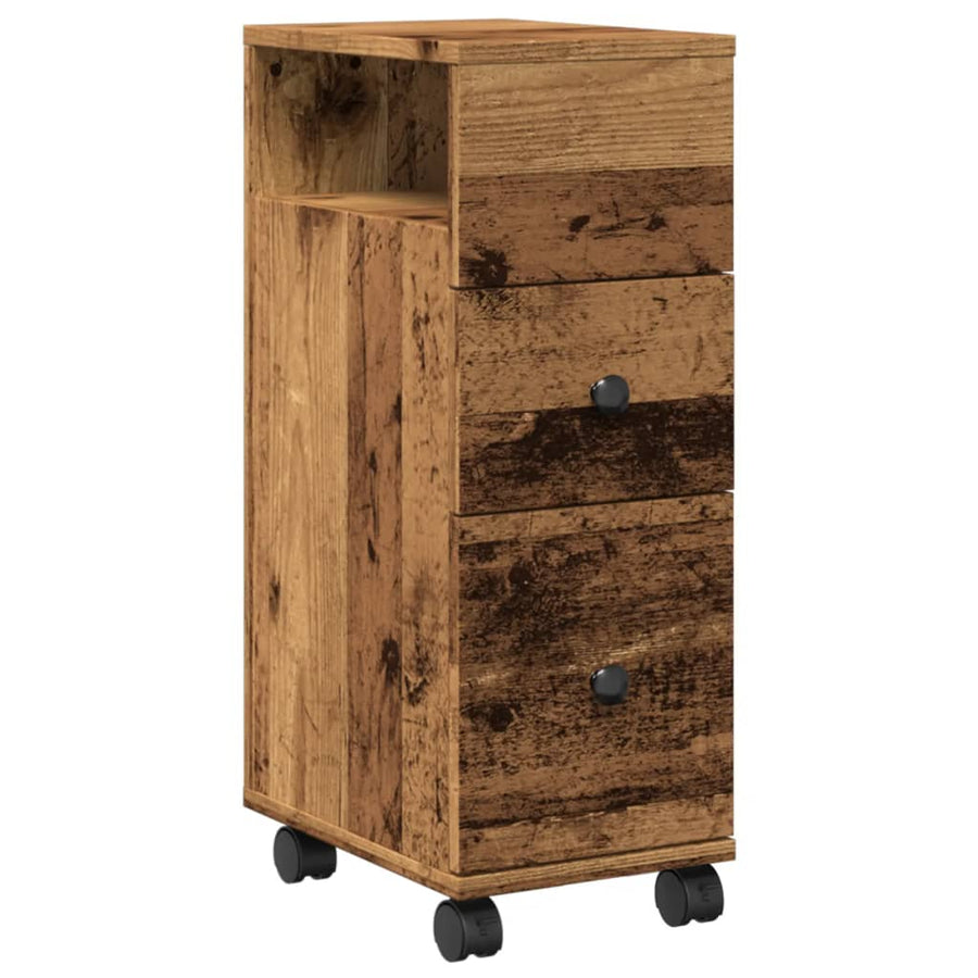 Badkamerkast smal met wielen bewerkt hout oud houtkleurig