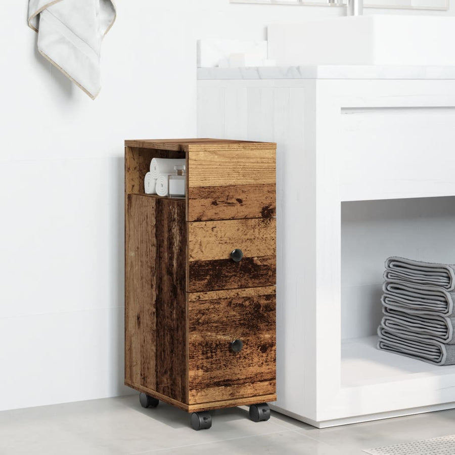 Badkamerkast smal met wielen bewerkt hout oud houtkleurig
