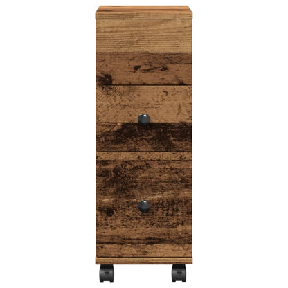 Badkamerkast smal met wielen bewerkt hout oud houtkleurig
