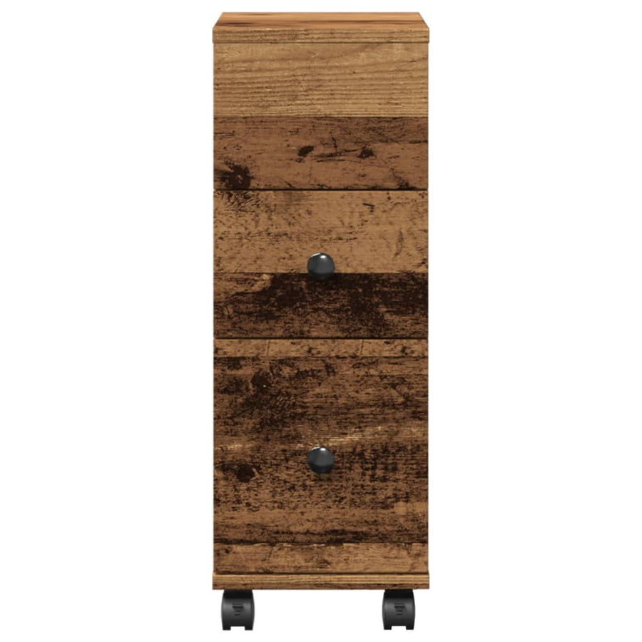 Badkamerkast smal met wielen bewerkt hout oud houtkleurig