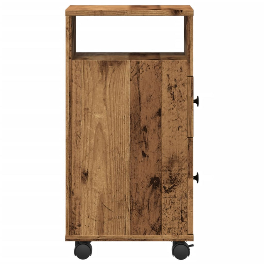 Badkamerkast smal met wielen bewerkt hout oud houtkleurig