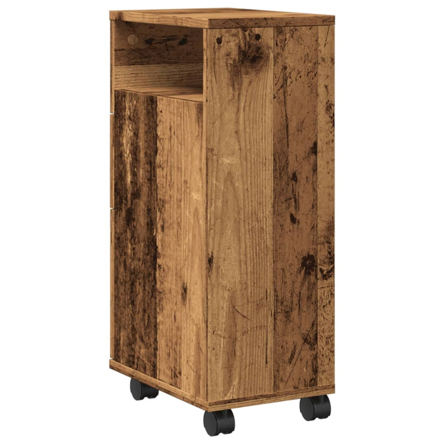 Badkamerkast smal met wielen bewerkt hout oud houtkleurig