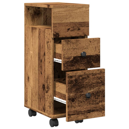 Badkamerkast smal met wielen bewerkt hout oud houtkleurig
