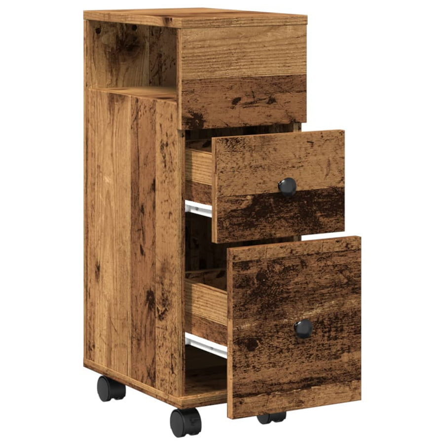 Badkamerkast smal met wielen bewerkt hout oud houtkleurig
