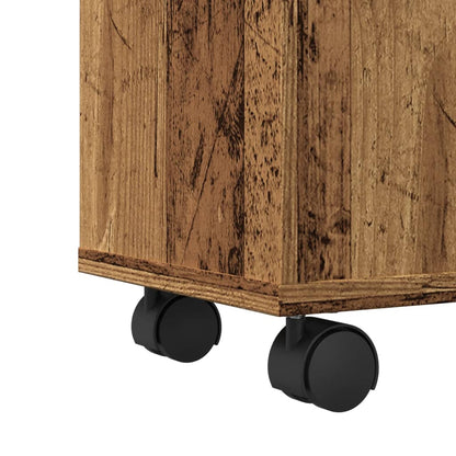 Badkamerkast smal met wielen bewerkt hout oud houtkleurig