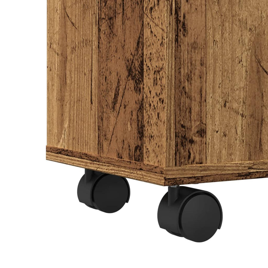 Badkamerkast smal met wielen bewerkt hout oud houtkleurig