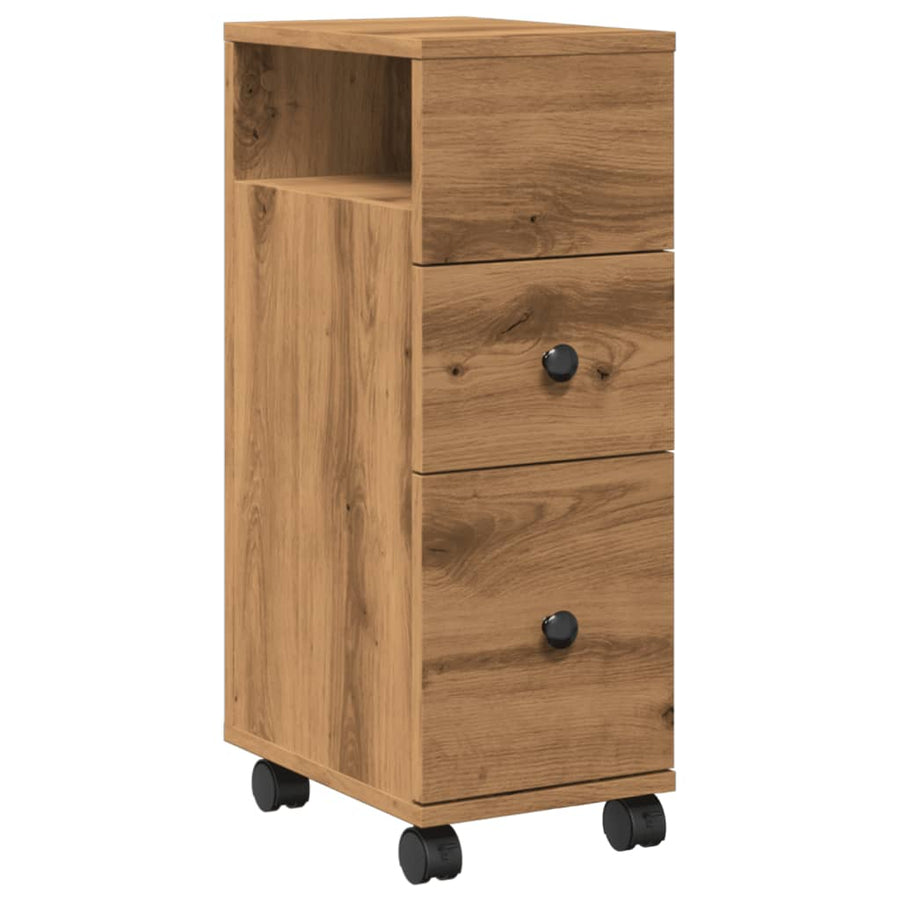 Badkamerkast smal met wielen bewerkt hout artisanaal eiken