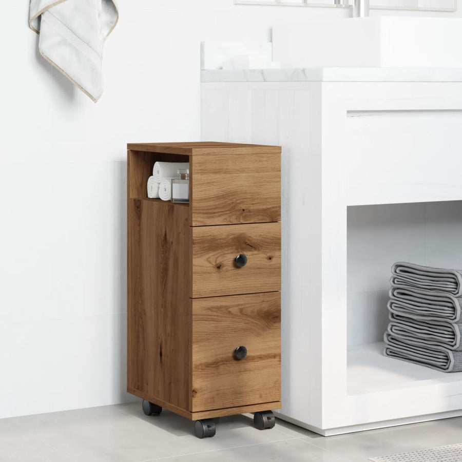 Badkamerkast smal met wielen bewerkt hout artisanaal eiken
