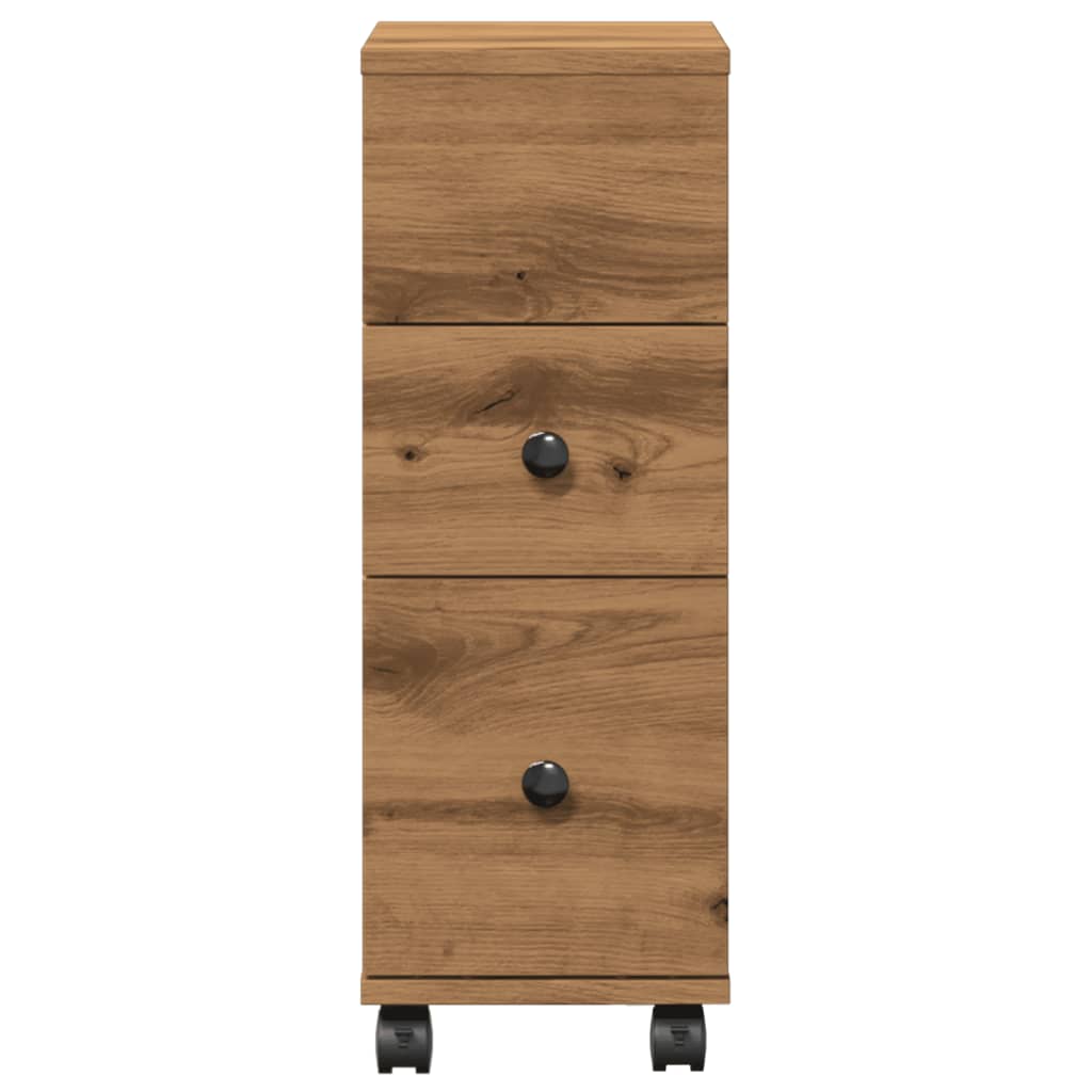 Badkamerkast smal met wielen bewerkt hout artisanaal eiken