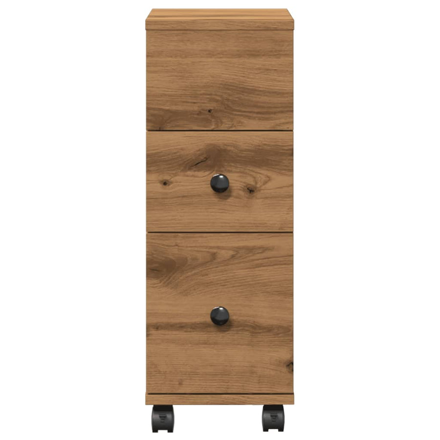 Badkamerkast smal met wielen bewerkt hout artisanaal eiken