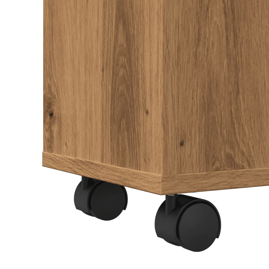 Badkamerkast smal met wielen bewerkt hout artisanaal eiken