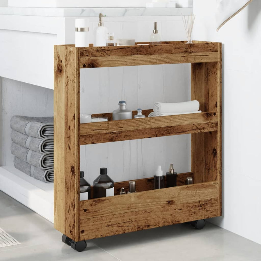 Opbergtrolley smal 3-laags bewerkt hout oud houtkleurig