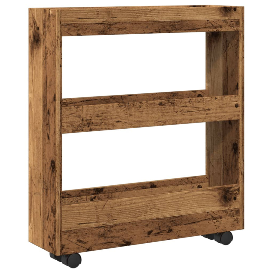 Opbergtrolley smal 3-laags bewerkt hout oud houtkleurig