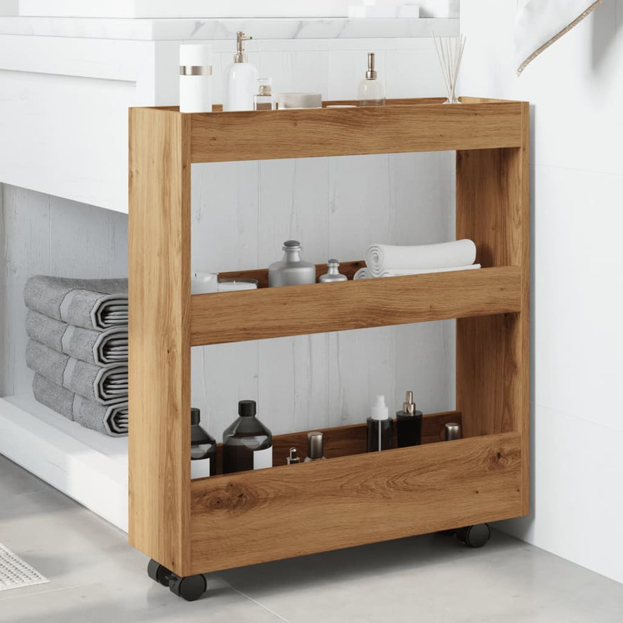 Opbergtrolley smal 3-laags bewerkt hout artisanaal eikenkleurig