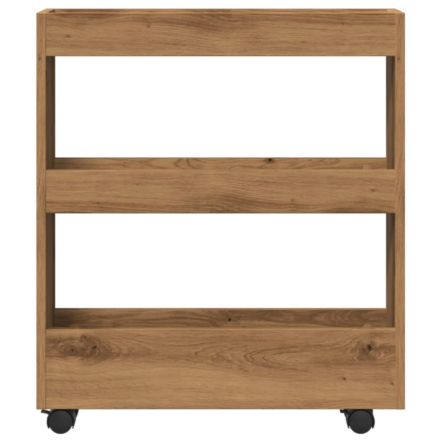 Opbergtrolley smal 3-laags bewerkt hout artisanaal eikenkleurig
