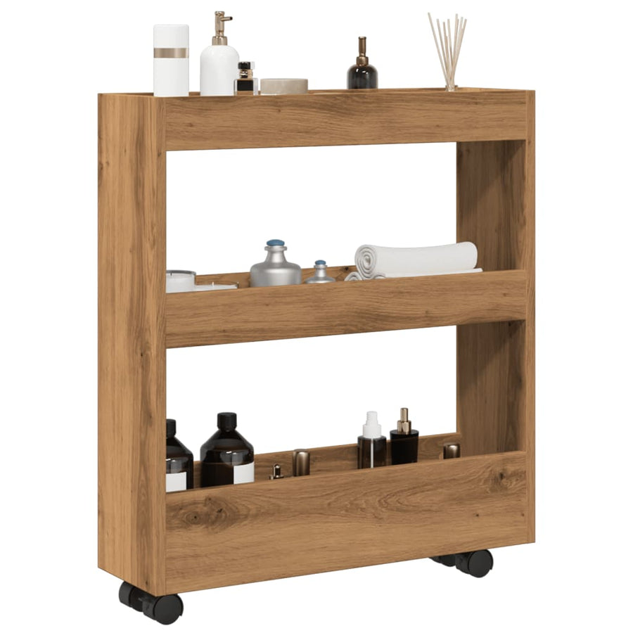 Opbergtrolley smal 3-laags bewerkt hout artisanaal eikenkleurig