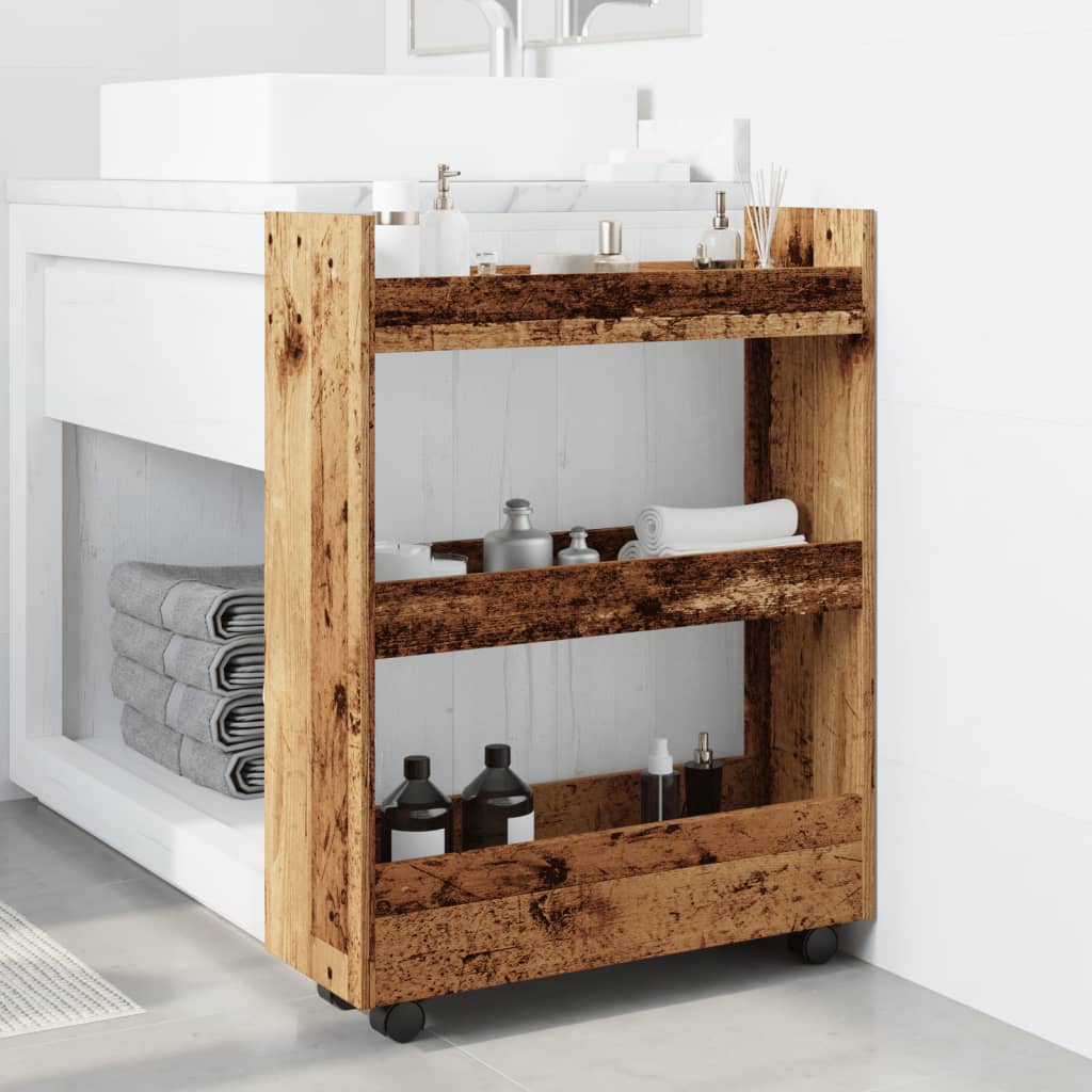 Opbergtrolley smal 3-laags bewerkt hout oud houtkleurig