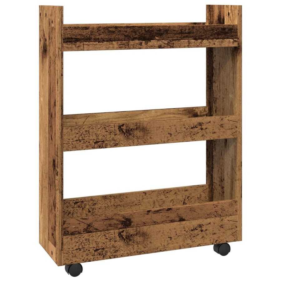 Opbergtrolley smal 3-laags bewerkt hout oud houtkleurig