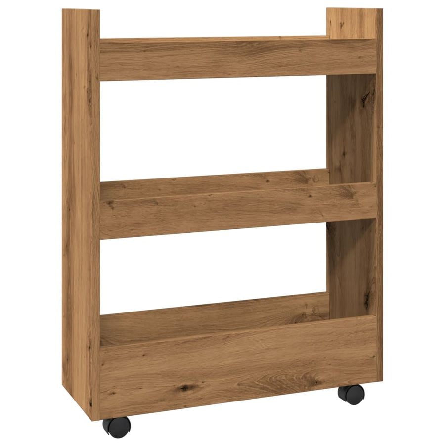 Opbergtrolley smal 3-laags bewerkt hout artisanaal eikenkleurig