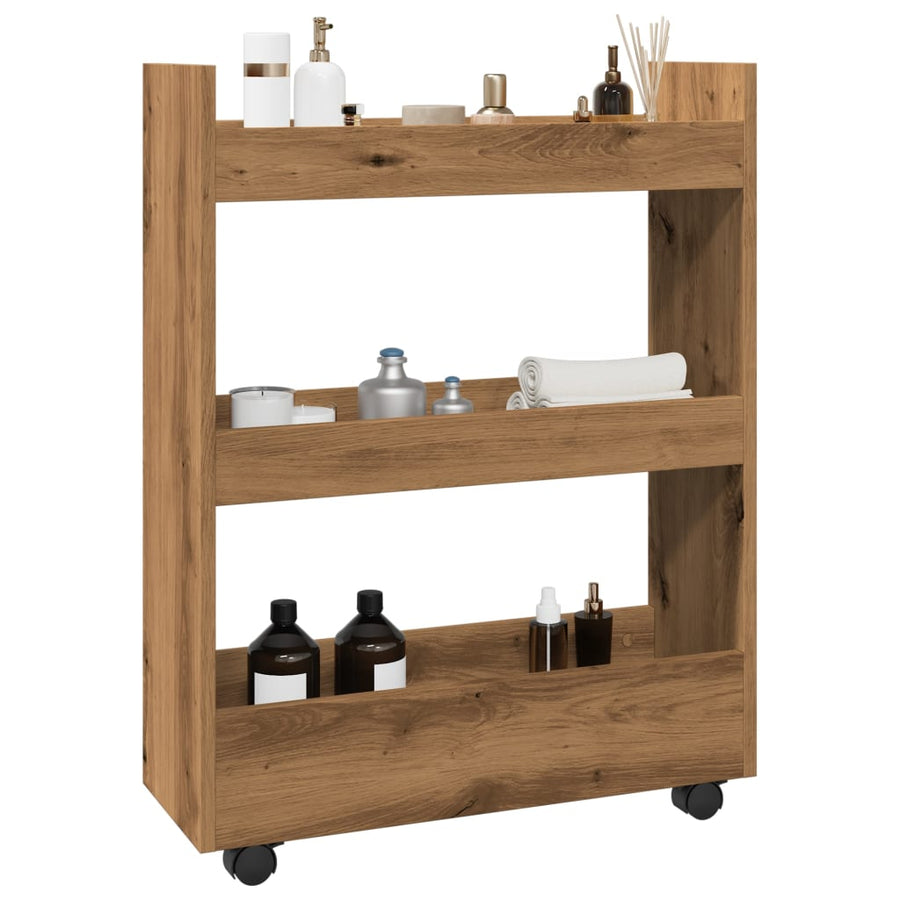 Opbergtrolley smal 3-laags bewerkt hout artisanaal eikenkleurig