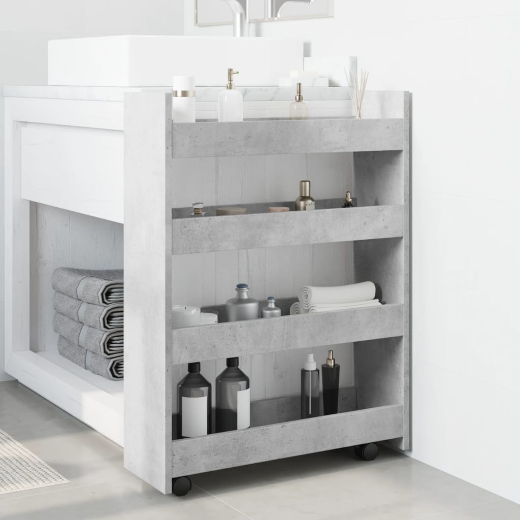 Opbergtrolley smal 4-laags bewerkt hout betongrijs