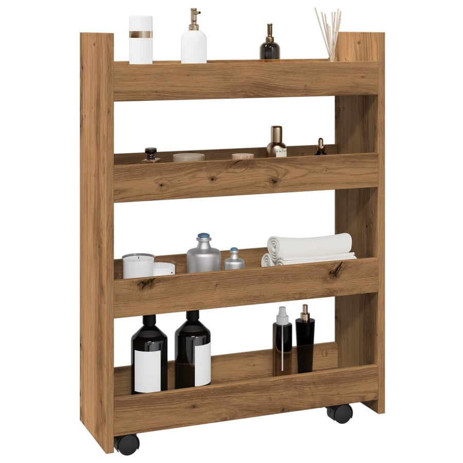Opbergtrolley smal 4-laags bewerkt hout artisanaal eikenkleurig