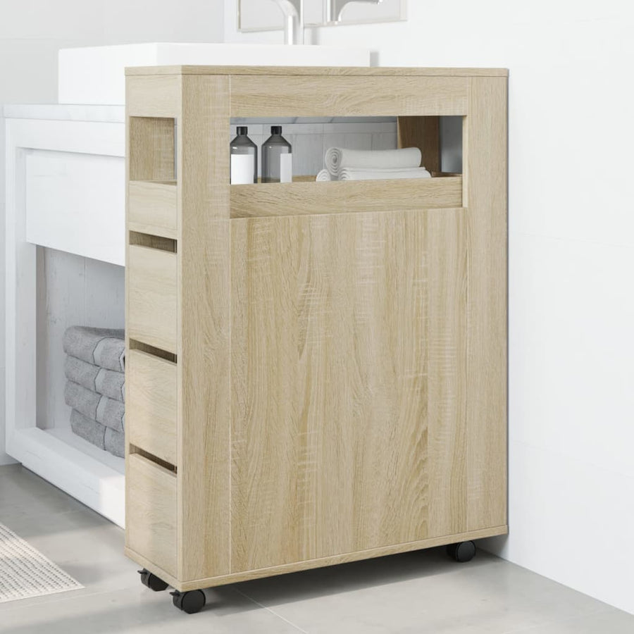 Badkamerkast smal met wielen bewerkt hout sonoma eikenkleurig