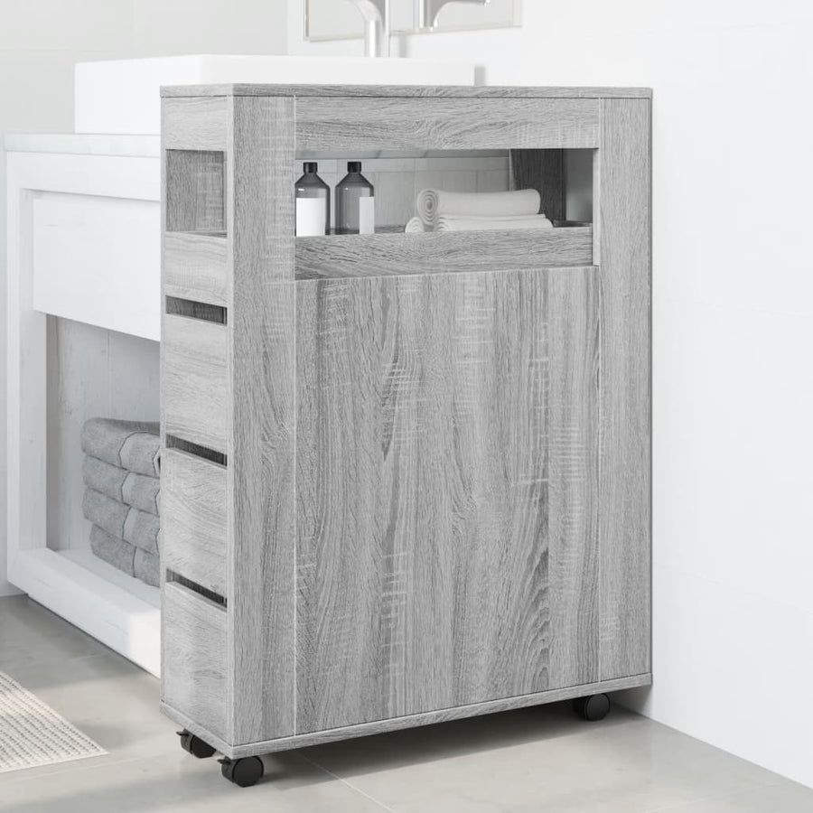 Badkamerkast smal met wielen bewerkt hout grijs sonoma eiken