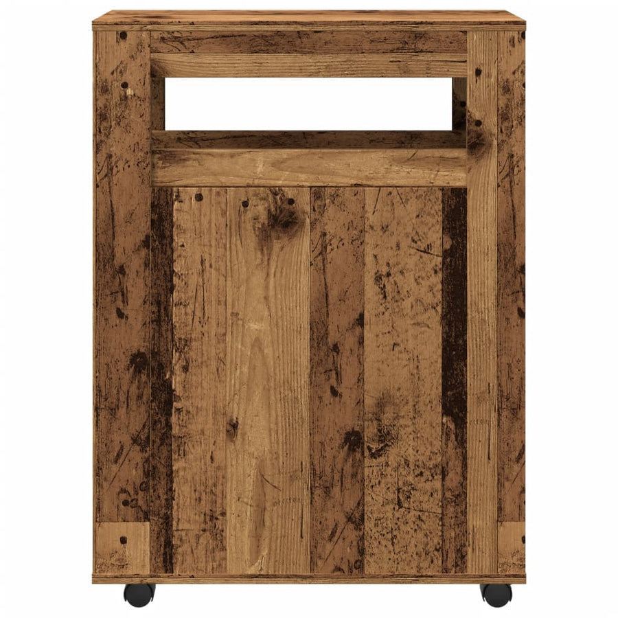 Badkamerkast smal met wielen bewerkt hout oud houtkleurig