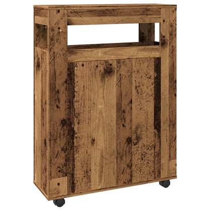 Badkamerkast smal met wielen bewerkt hout oud houtkleurig