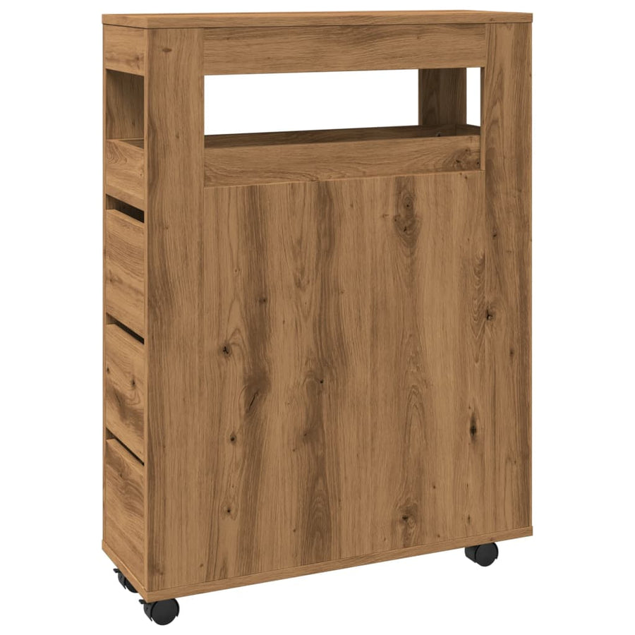 Badkamerkast smal met wielen bewerkt hout artisanaal eiken