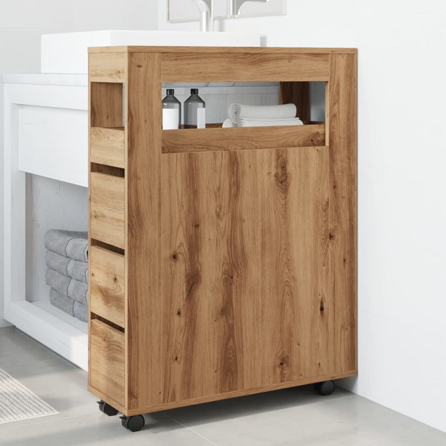 Badkamerkast smal met wielen bewerkt hout artisanaal eiken