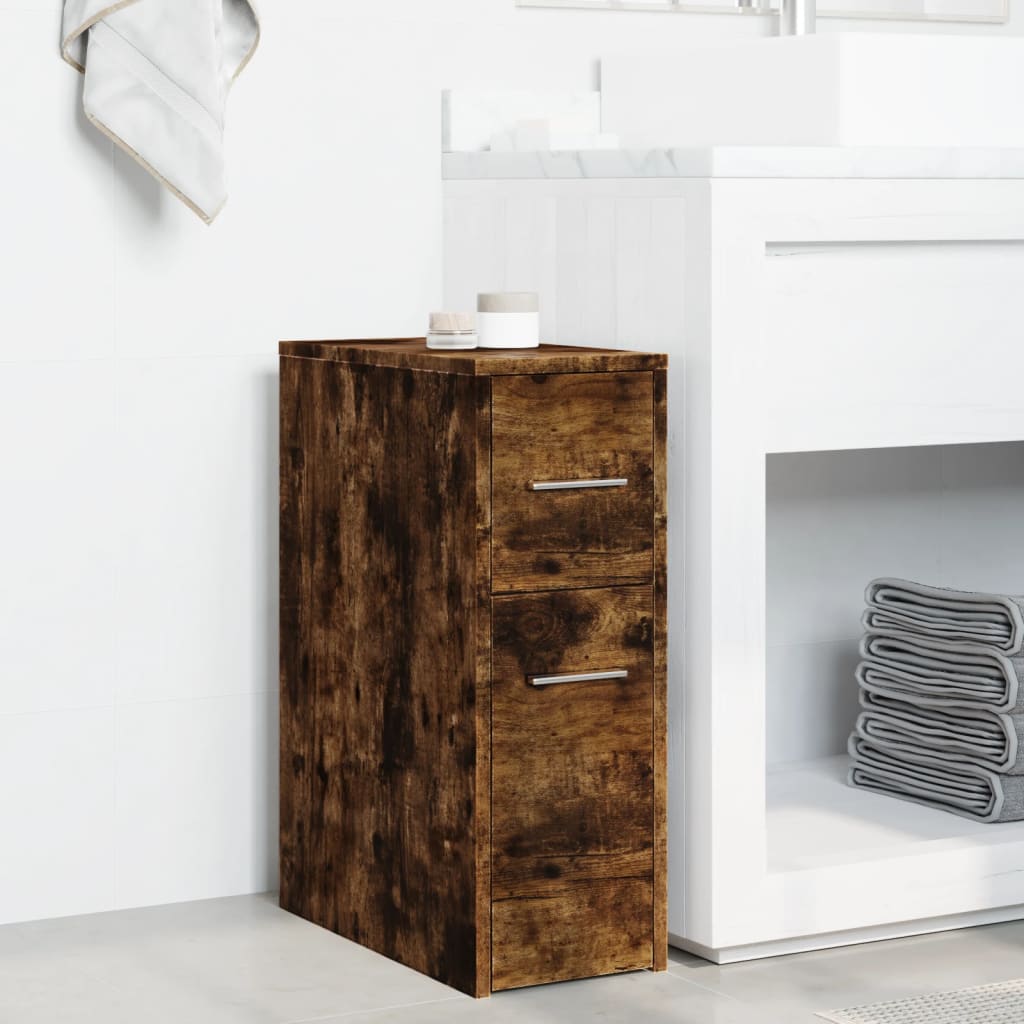 Badkamerkast smal met wielen bewerkt hout gerookt eikenkleurig